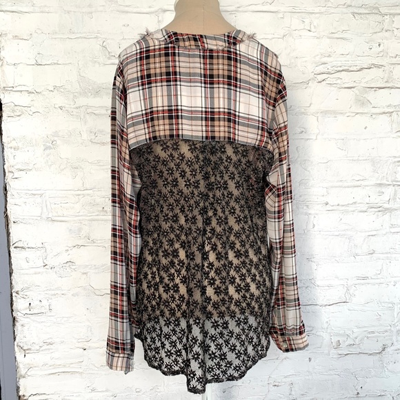 Hazel plaid blouse with lace back brown red check sheer long sleeve - Picture 4 of 9